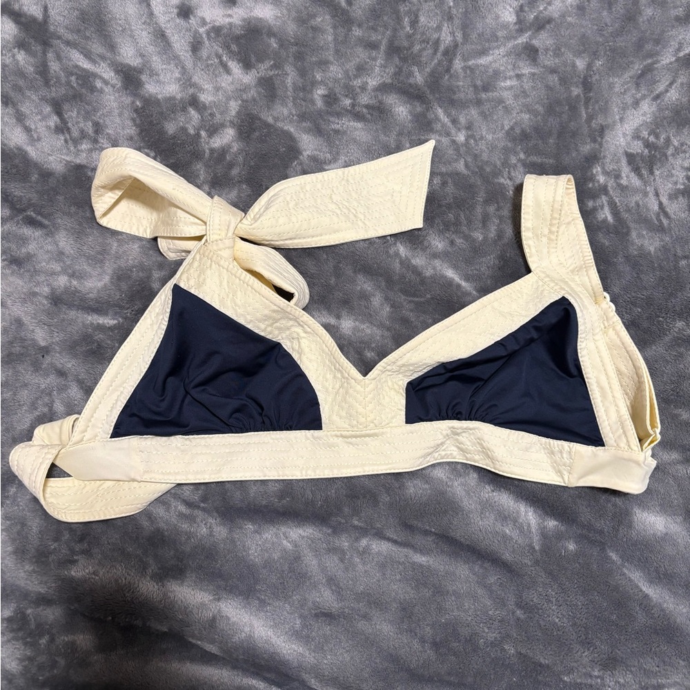 Johanna Ortiz Cream and Navy Bikini Top